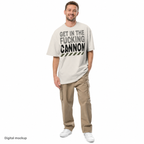 Heavy Block tee — Cream — adult model wearing the configured front print; tee only, styling trousers and shoes excluded; AS Colour 5082 Faded Bone; digital mockup, not a manufactured sample.