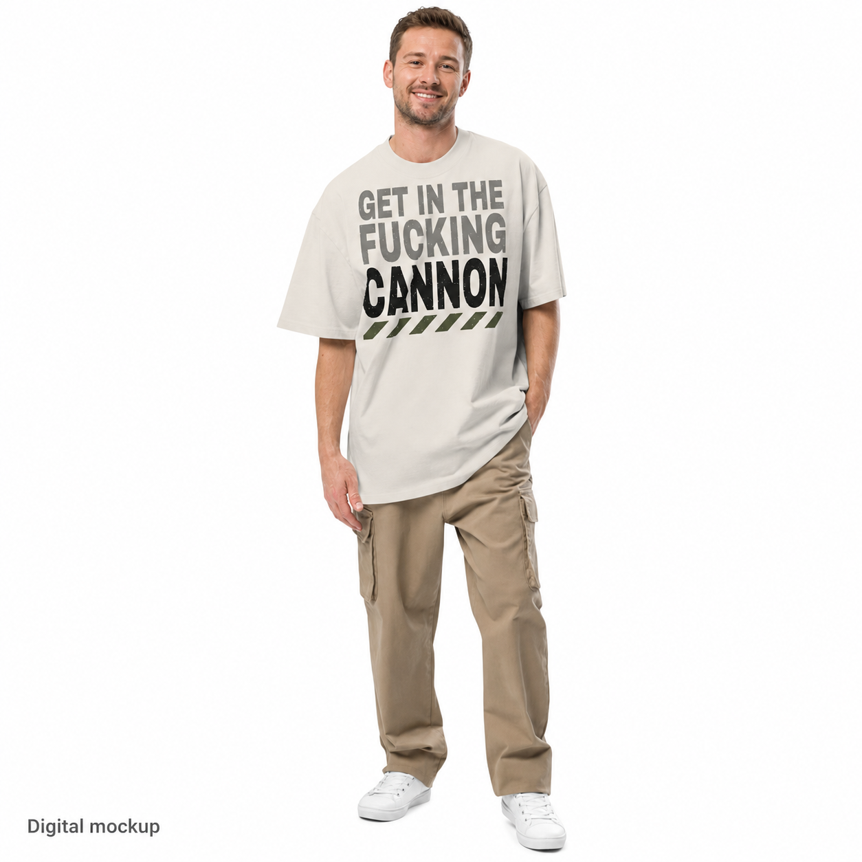 Heavy Block tee — Cream — adult model wearing the configured front print; tee only, styling trousers and shoes excluded; AS Colour 5082 Faded Bone; digital mockup, not a manufactured sample.