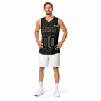 Cannon Boyz Pinstripe Jersey — Black / Cream — front adult model view; exact supplier jersey composited onto a digital model; jersey only, shorts and basketball excluded; digital mockup, not a manufactured sample.