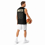 Cannon Boyz Pinstripe Jersey — Black / Cream — rear three-quarter adult model view; exact supplier jersey composited onto a digital model; jersey only, shorts and basketball excluded; digital mockup, not a manufactured sample.