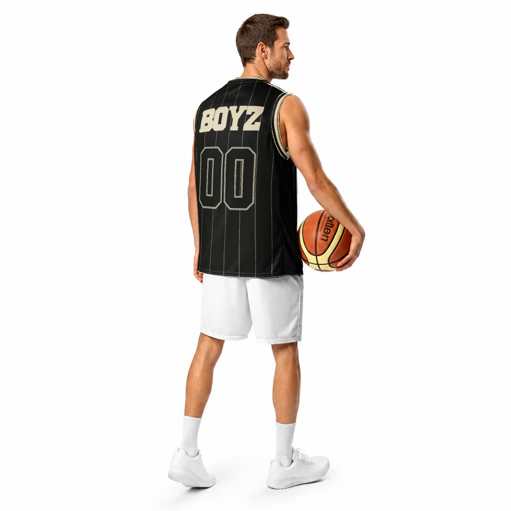 Cannon Boyz Pinstripe Jersey — Black / Cream — rear three-quarter adult model view; exact supplier jersey composited onto a digital model; jersey only, shorts and basketball excluded; digital mockup, not a manufactured sample.