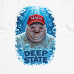 MAGAtard Deep State Tee in White — front print detail cropped from the exact Printful digital mockup; not a manufactured sample photograph.