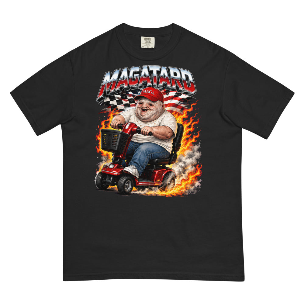 MAGAtard Full Throttle Tee in Black — Printful digital front mockup showing final approved large front artwork.