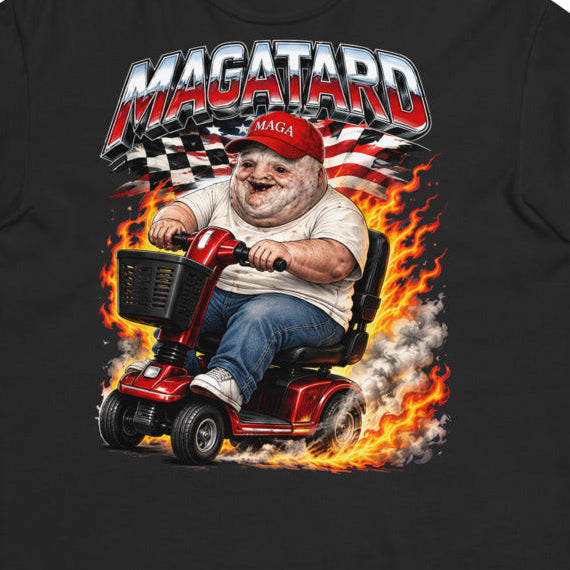 MAGAtard Full Throttle Tee in Black — front print detail cropped from the exact Printful digital mockup; not a manufactured sample photograph.