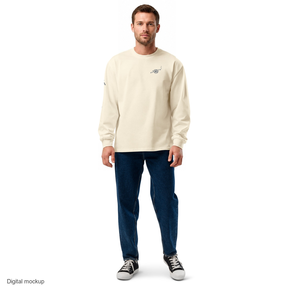 Gallery Script long-sleeve shirt — Ecru — adult model front view with exact configured artwork; shirt only, styling bottoms excluded; AS Colour 5081; digital model composite, not a manufactured sample.