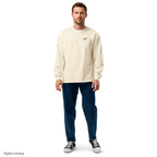 Gallery Script long-sleeve shirt — Ecru — adult model front view with exact configured artwork; shirt only, styling bottoms excluded; AS Colour 5081; digital model composite, not a manufactured sample.