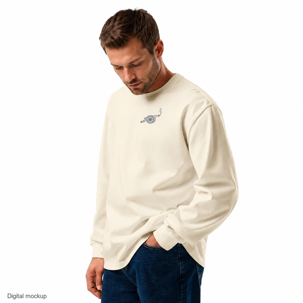 Gallery Script long-sleeve shirt — Ecru — adult model three-quarter view with exact configured artwork; shirt only, styling bottoms excluded; AS Colour 5081; digital model composite, not a manufactured sample.