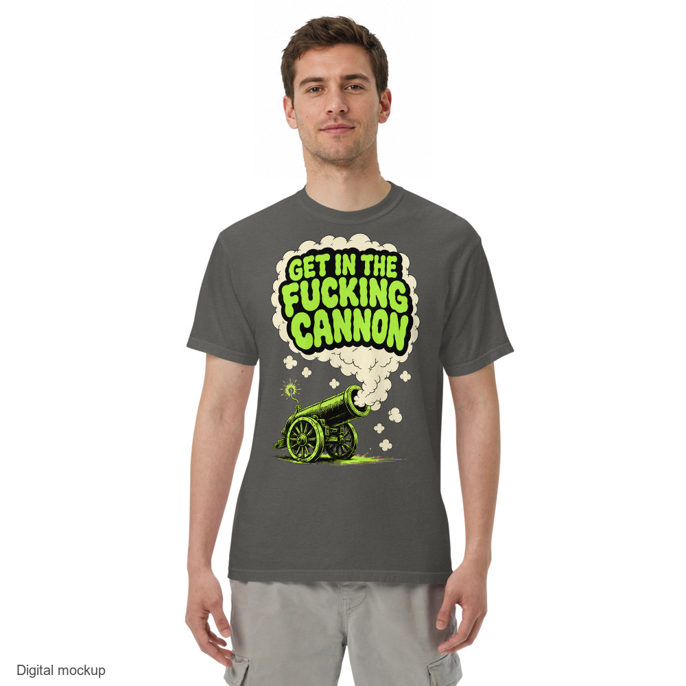 Smoke Signal tee — Charcoal — adult model front view with exact configured artwork; tee only, styling bottoms excluded; Comfort Colors 1717; digital model composite, not a manufactured sample.