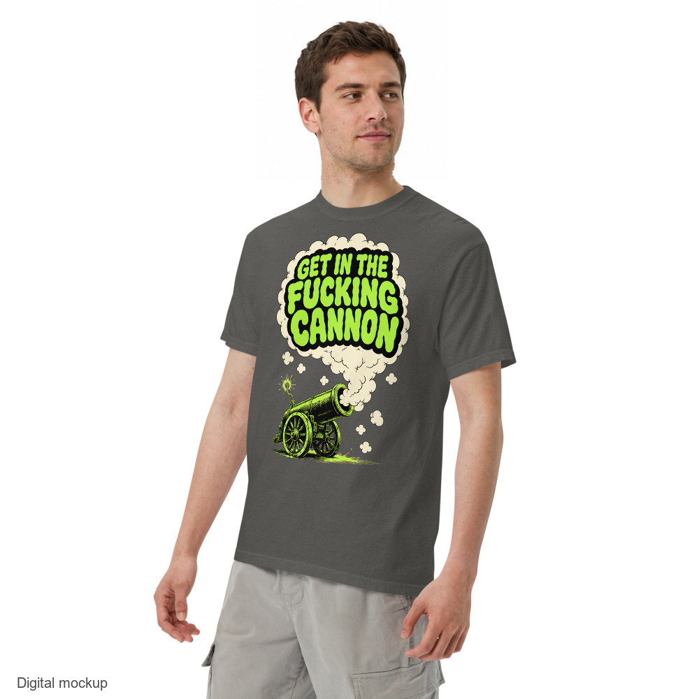 Smoke Signal tee — Charcoal — adult model three-quarter view with exact configured artwork; tee only, styling bottoms excluded; Comfort Colors 1717; digital model composite, not a manufactured sample.