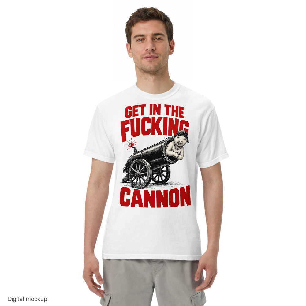 Slop Cannon Tee - Cannon Boy Barrel — White — adult model front view with exact configured artwork; tee only, styling bottoms excluded; Comfort Colors 1717; digital model composite, not a manufactured sample.