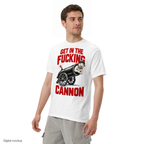 Slop Cannon Tee - Cannon Boy Barrel — White — adult model three-quarter view with exact configured artwork; tee only, styling bottoms excluded; Comfort Colors 1717; digital model composite, not a manufactured sample.