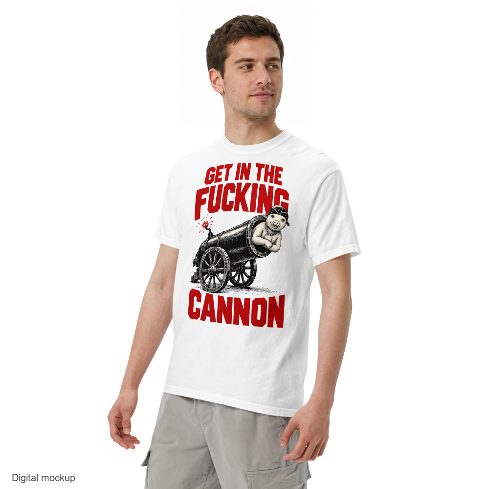 Slop Cannon Tee - Cannon Boy Barrel — White — adult model three-quarter view with exact configured artwork; tee only, styling bottoms excluded; Comfort Colors 1717; digital model composite, not a manufactured sample.