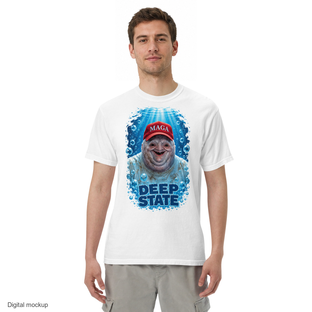 MAGAtard Deep State Tee — White — adult model front view with exact configured artwork; tee only, styling bottoms excluded; Comfort Colors 1717; digital model composite, not a manufactured sample.