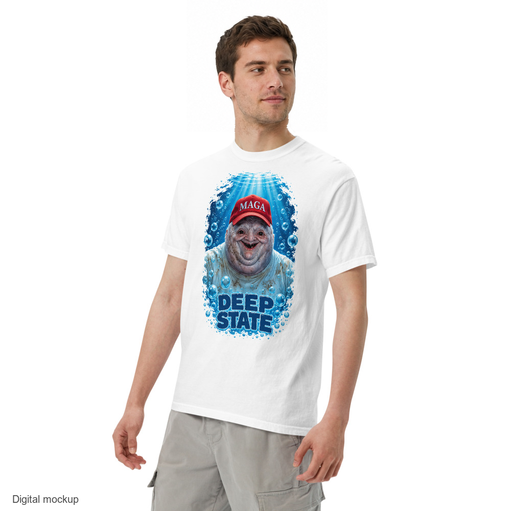 MAGAtard Deep State Tee — White — adult model three-quarter view with exact configured artwork; tee only, styling bottoms excluded; Comfort Colors 1717; digital model composite, not a manufactured sample.