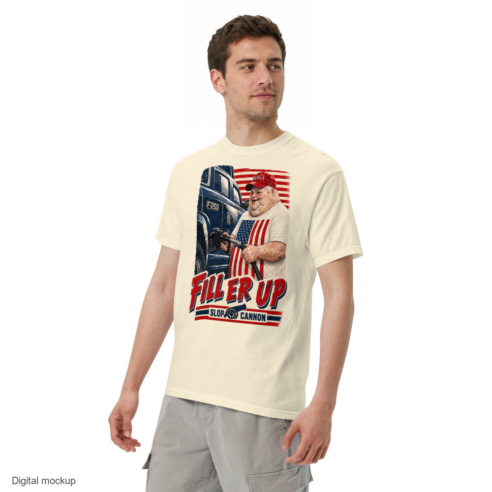 MAGAtard Fill Er Up Tee — Ivory — adult model three-quarter view with exact configured artwork; tee only, styling bottoms excluded; Comfort Colors 1717; digital model composite, not a manufactured sample.