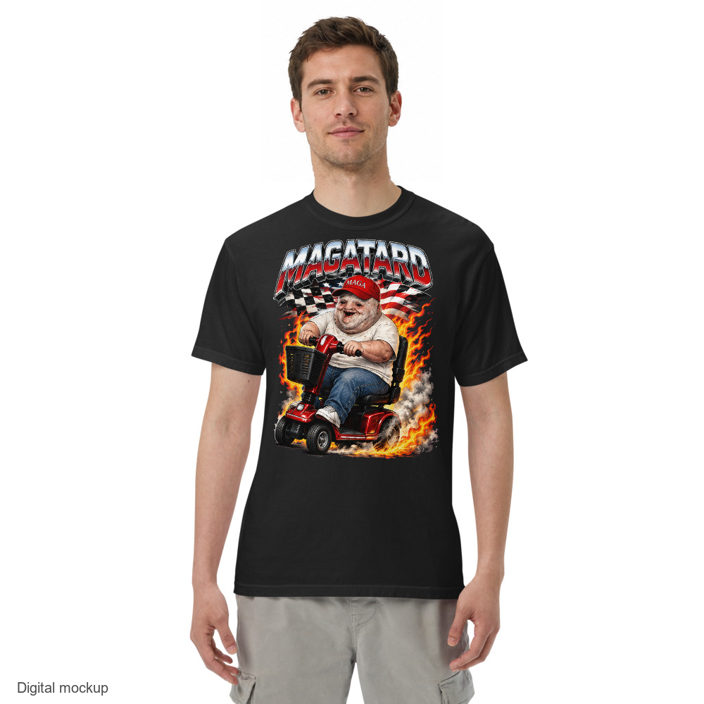 MAGAtard Full Throttle Tee — Black — adult model front view with exact configured artwork; tee only, styling bottoms excluded; Comfort Colors 1717; digital model composite, not a manufactured sample.