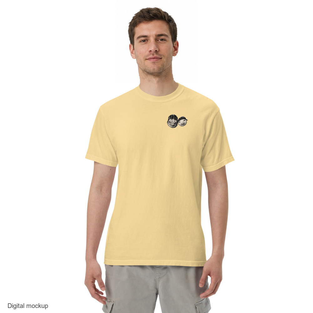 Cannon Boys S-Pool Tee - Butter Yellow — Butter Yellow — adult model front view with exact configured artwork; tee only, styling bottoms excluded; Comfort Colors 1717; digital model composite, not a manufactured sample.