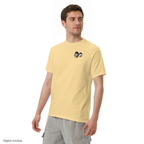 Cannon Boys S-Pool Tee - Butter Yellow — Butter Yellow — adult model three-quarter view with exact configured artwork; tee only, styling bottoms excluded; Comfort Colors 1717; digital model composite, not a manufactured sample.