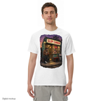 Corner Store Cannon Tee - Dusk — White — adult model front view with exact configured artwork; tee only, styling bottoms excluded; Comfort Colors 1717; digital model composite, not a manufactured sample.