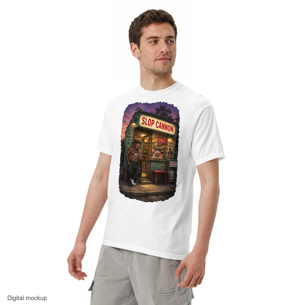 Corner Store Cannon Tee - Dusk — White — adult model three-quarter view with exact configured artwork; tee only, styling bottoms excluded; Comfort Colors 1717; digital model composite, not a manufactured sample.