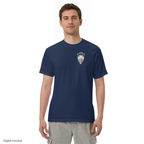 Little Cannon Boy Head Tee - Faded Navy — Faded Navy — adult model front view with exact configured artwork; tee only, styling bottoms excluded; Comfort Colors 1717; digital model composite, not a manufactured sample.