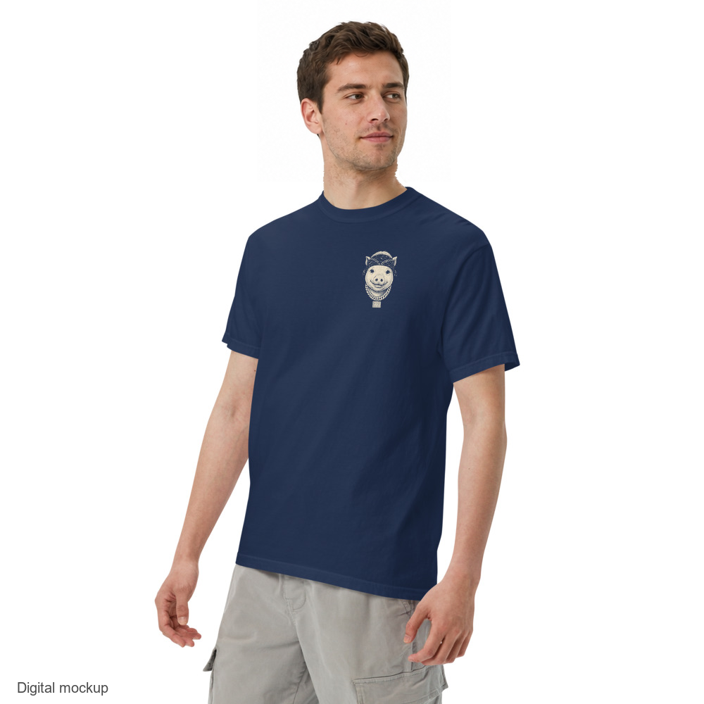 Little Cannon Boy Head Tee - Faded Navy — Faded Navy — adult model three-quarter view with exact configured artwork; tee only, styling bottoms excluded; Comfort Colors 1717; digital model composite, not a manufactured sample.
