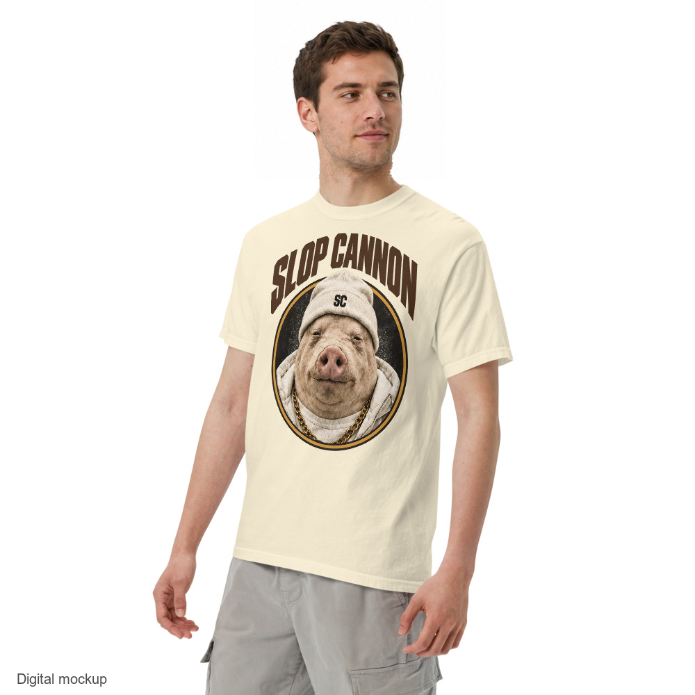 Pig Oval tee — Ivory — adult model three-quarter view with exact configured artwork; tee only, styling bottoms excluded; Comfort Colors 1717; digital model composite, not a manufactured sample.
