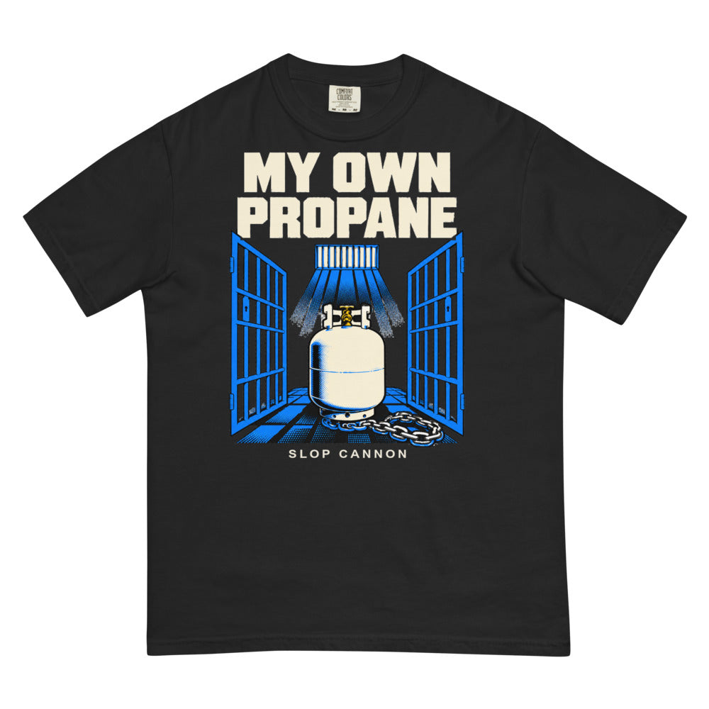 My Own Propane tee — Black — full front with approved artwork; Comfort Colors 1717 garment-dyed tee Black; supplier digital mockup.