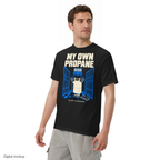 My Own Propane tee — Black — adult model three-quarter view with exact configured artwork; tee only, styling bottoms excluded; Comfort Colors 1717; digital model composite, not a manufactured sample.