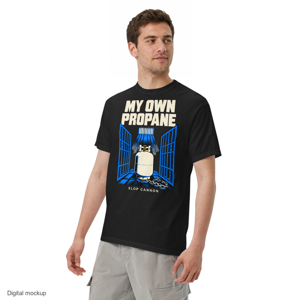 My Own Propane tee — Black — adult model three-quarter view with exact configured artwork; tee only, styling bottoms excluded; Comfort Colors 1717; digital model composite, not a manufactured sample.