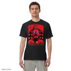 Redline tee — Black — adult model front view with exact configured artwork; tee only, styling bottoms excluded; Comfort Colors 1717; digital model composite, not a manufactured sample.