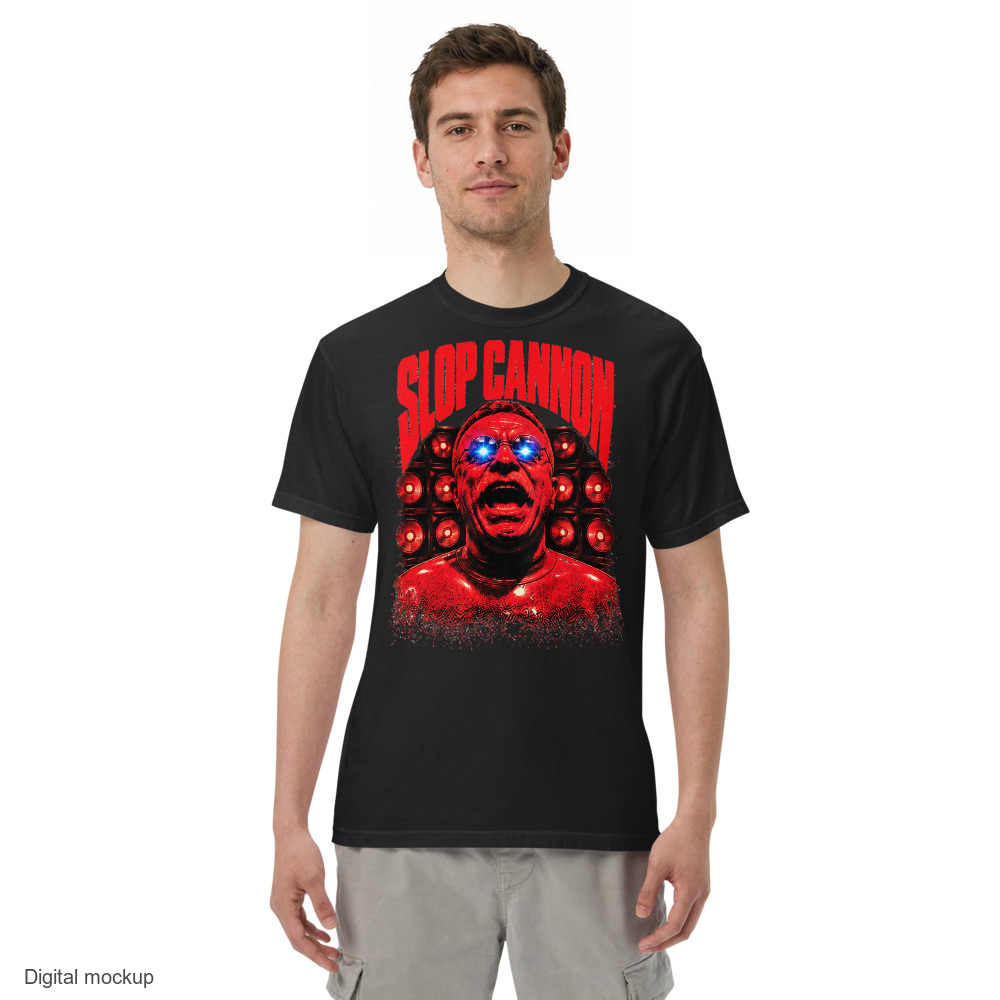 Redline tee — Black — adult model front view with exact configured artwork; tee only, styling bottoms excluded; Comfort Colors 1717; digital model composite, not a manufactured sample.