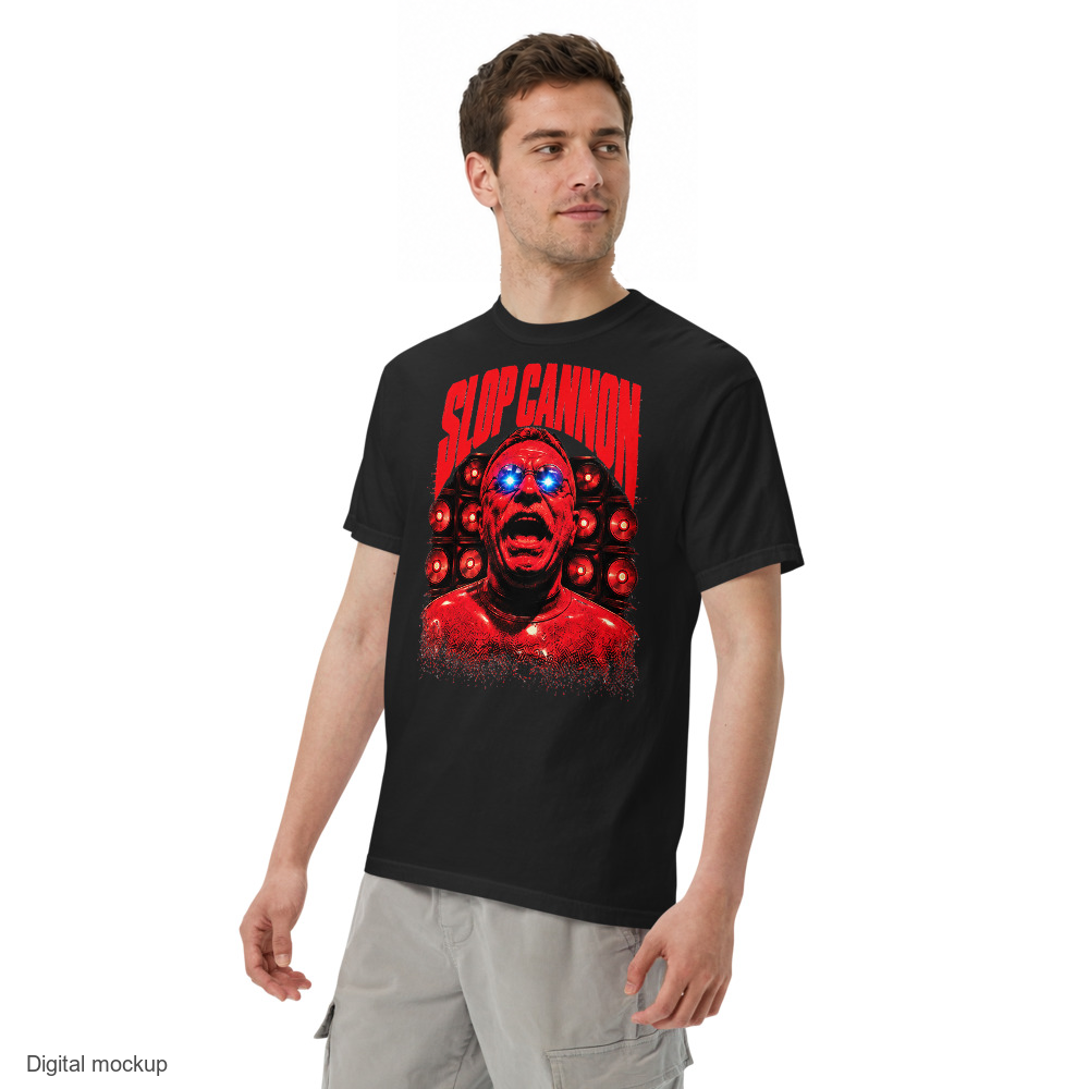 Redline tee — Black — adult model three-quarter view with exact configured artwork; tee only, styling bottoms excluded; Comfort Colors 1717; digital model composite, not a manufactured sample.