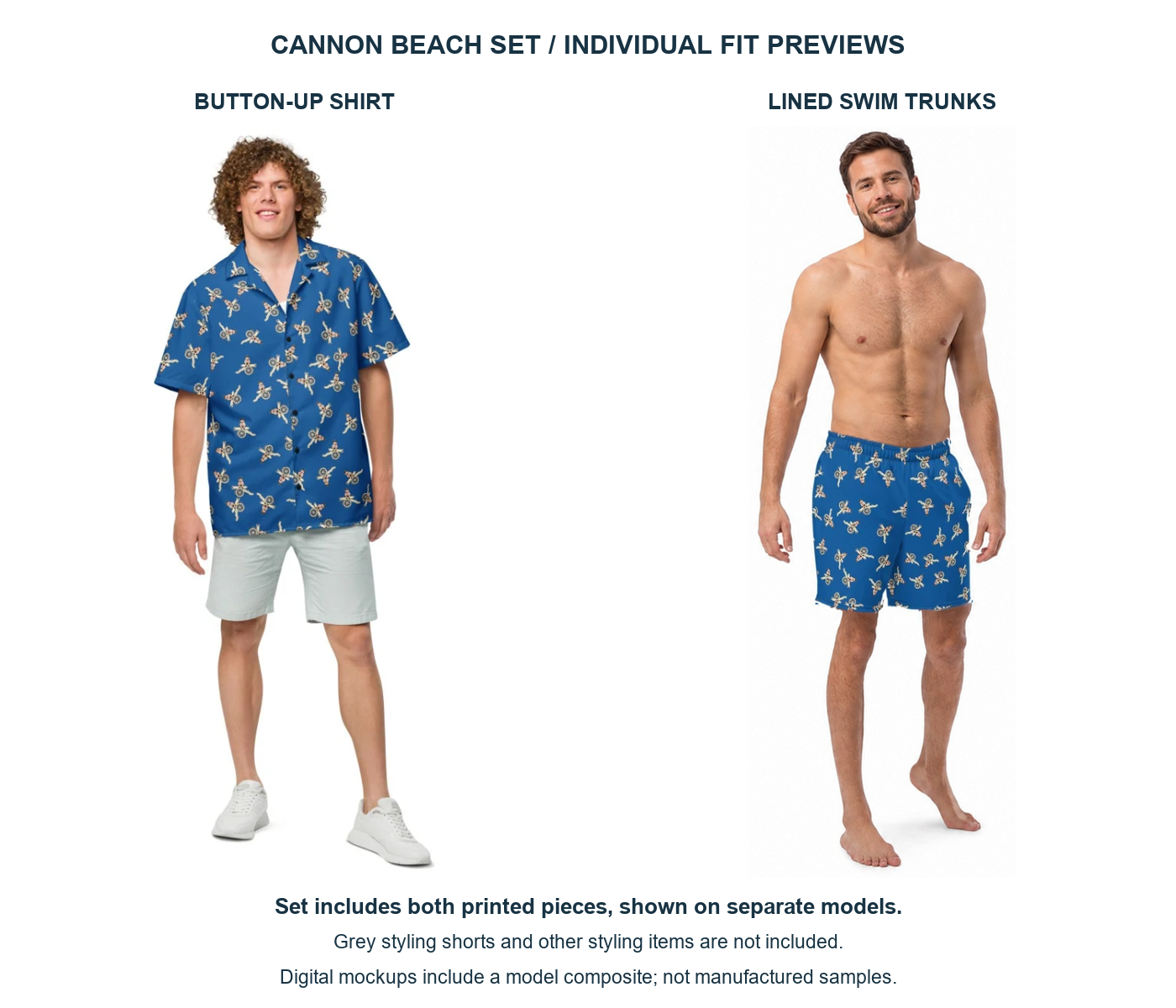Cannon Beach two-piece set — Cobalt — both included printed pieces on separate models; exact supplier shirt view and digital swim-trunk model composite; grey styling shorts excluded; not manufactured samples.