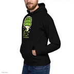 Smoke Signal Hoodie — Black — three-quarter model view; hoodie only; Cotton Heritage M2580 pullover hoodie Black; digital model composite using the exact supplier garment preview; not a manufactured sample.