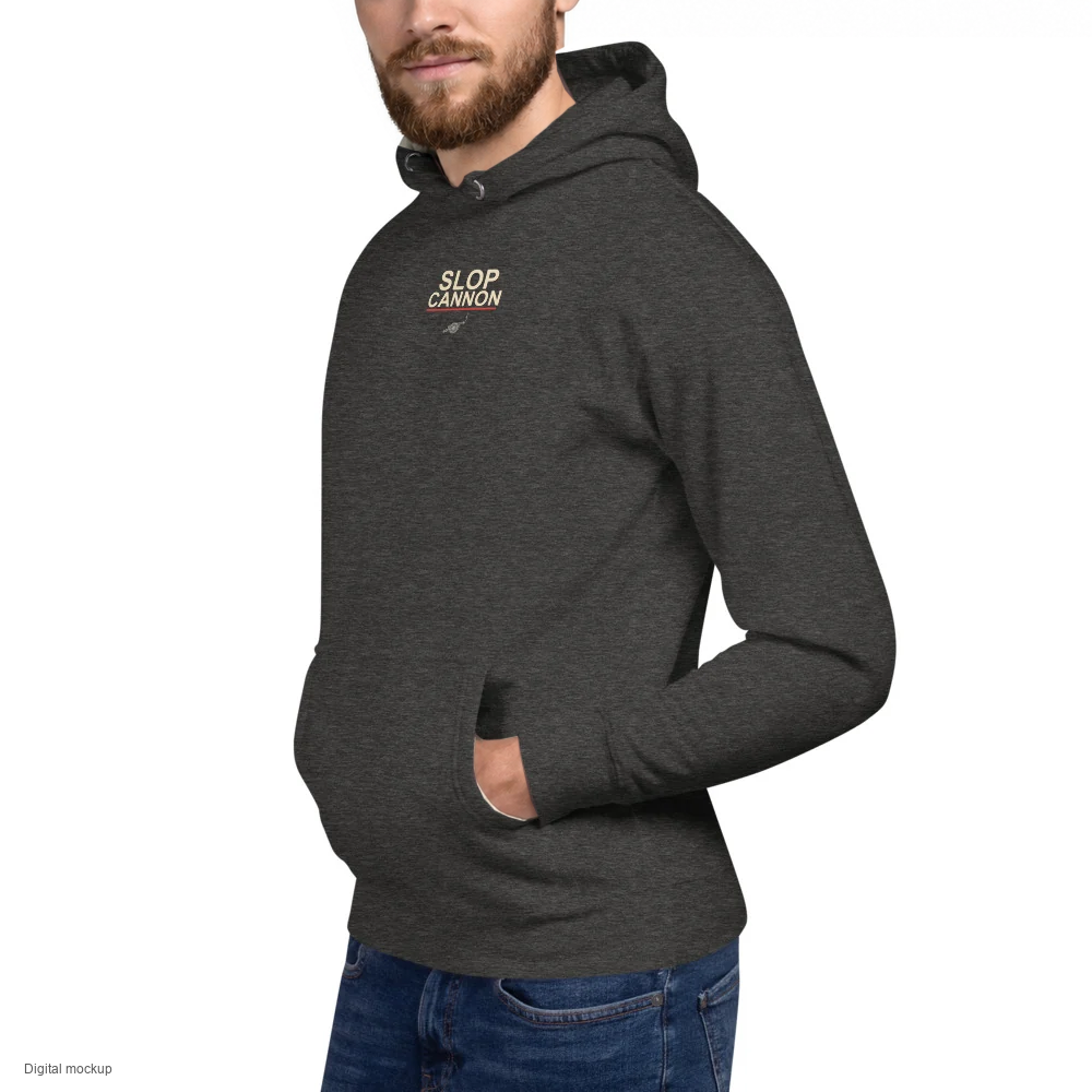 MAGAtard Cannonball Hoodie — Charcoal — three-quarter model view; hoodie only; Cotton Heritage M2580 pullover hoodie Charcoal Heather; digital model composite using the exact supplier garment preview; not a manufactured sample.