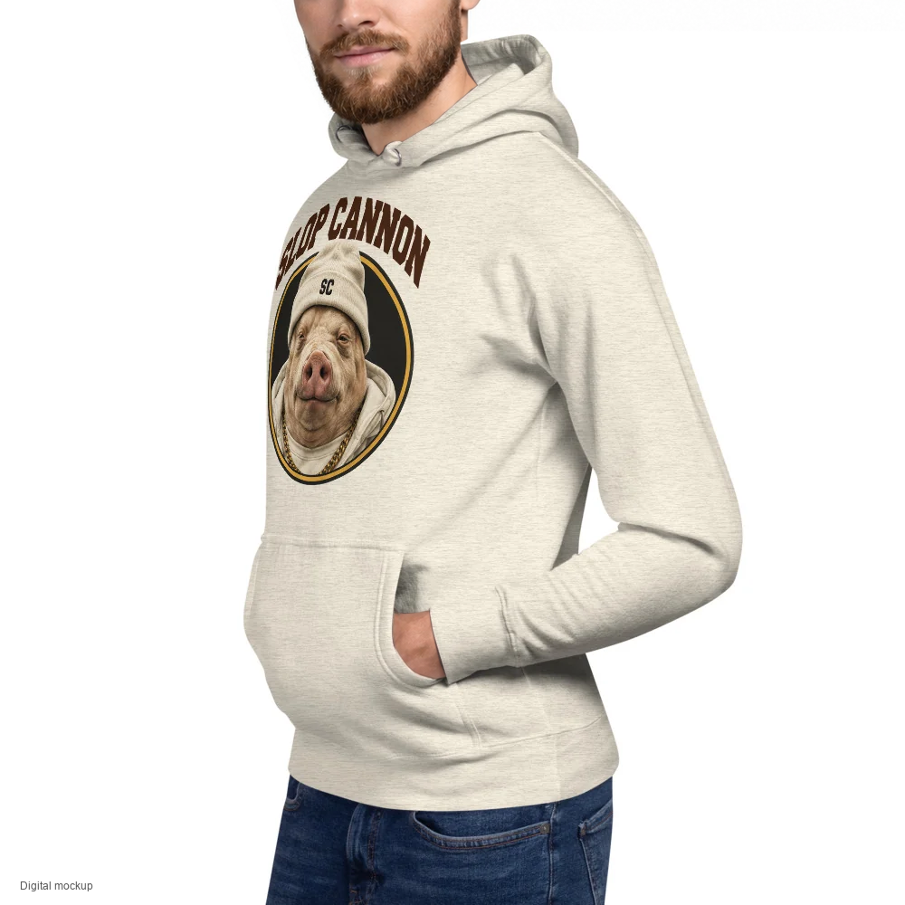 Slop Cannon Sleepy Pig Oval Hoodie — Oatmeal — three-quarter model view; hoodie only; Cotton Heritage M2580 pullover hoodie Oatmeal Heather; digital model composite using the exact supplier garment preview; not a manufactured sample.