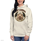 Slop Cannon Sleepy Pig Oval Hoodie — Oatmeal — front model view; hoodie only; Cotton Heritage M2580 pullover hoodie Oatmeal Heather; digital model composite using the exact supplier garment preview; not a manufactured sample.