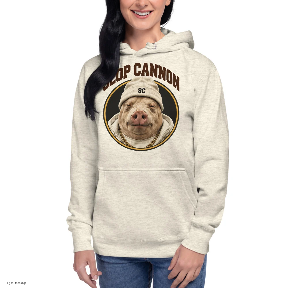 Slop Cannon Sleepy Pig Oval Hoodie — Oatmeal — front model view; hoodie only; Cotton Heritage M2580 pullover hoodie Oatmeal Heather; digital model composite using the exact supplier garment preview; not a manufactured sample.
