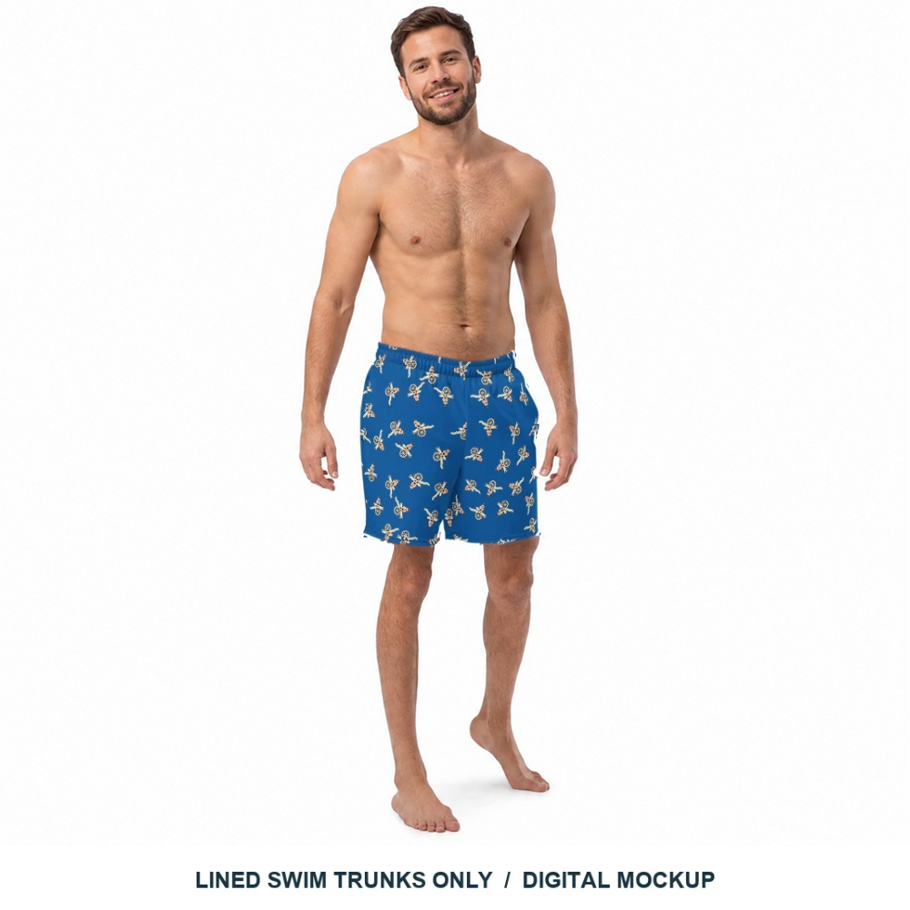Cannon Beach lined swim trunks — Cobalt — front model view, labelled item only; other styling clothes not included; digital model composite using the exact supplier garment preview; not a manufactured sample.