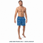 Cannon Beach lined swim trunks — Cobalt — front model view, labelled item only; other styling clothes not included; digital model composite using the exact supplier garment preview; not a manufactured sample.
