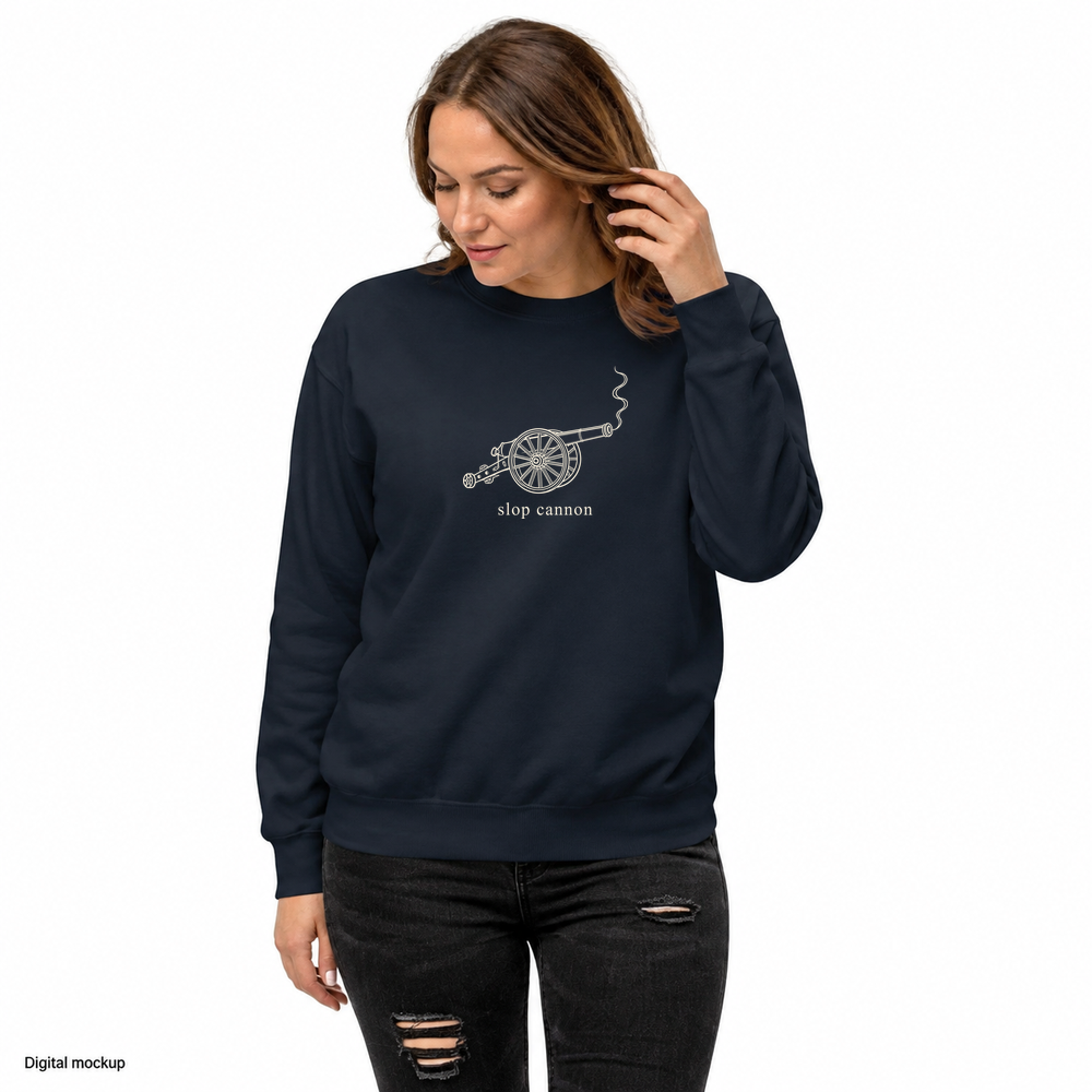 Smoke Signal crewneck — Navy Blazer — front model view; crewneck only; Cotton Heritage M2480 crewneck Navy Blazer; digital model and exact artwork composite, not a manufactured sample photograph. Styling jeans excluded.