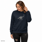Smoke Signal crewneck — Navy Blazer — front model view; crewneck only; Cotton Heritage M2480 crewneck Navy Blazer; digital model and exact artwork composite, not a manufactured sample photograph. Styling jeans excluded.