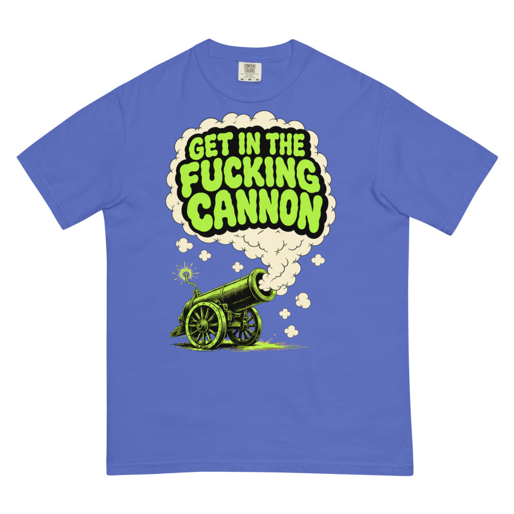 Smoke Signal tee — Flo Blue — full front with approved maximum-size artwork; Comfort Colors 1717 garment-dyed heavyweight tee; actual configured Flo Blue; tee only. Supplier digital mockup.