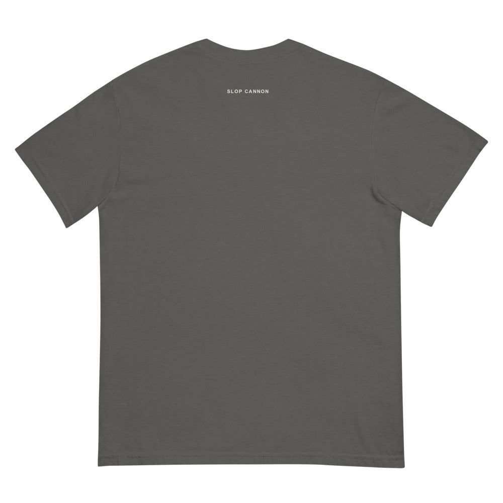 Smoke Signal tee — Charcoal — full back with cream outside-neckline wordmark and otherwise plain back; Comfort Colors 1717 Pepper; supplier digital mockup.