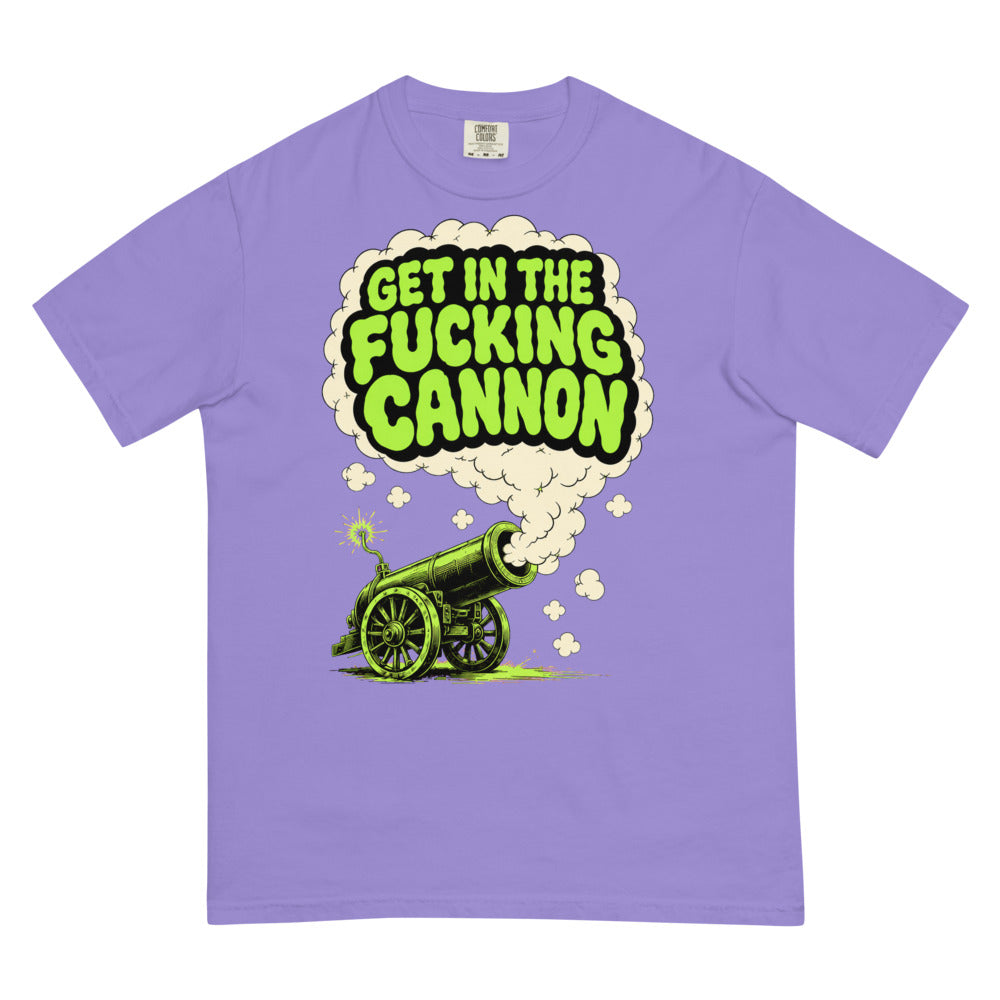 Smoke Signal tee — Violet — full front with approved maximum-size artwork; Comfort Colors 1717 garment-dyed heavyweight tee; actual configured Violet; tee only. Supplier digital mockup.