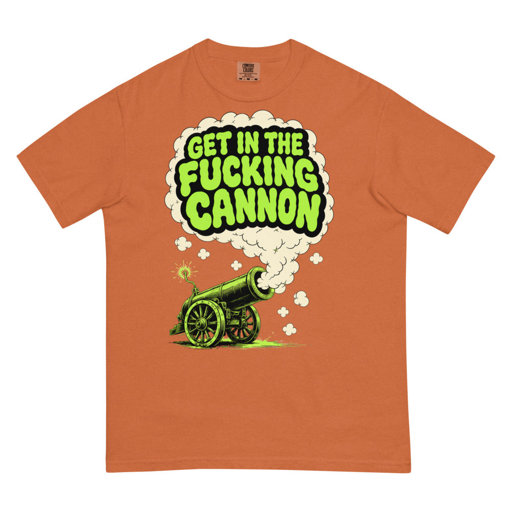 Smoke Signal tee — Yam — full front with approved maximum-size artwork; Comfort Colors 1717 garment-dyed heavyweight tee; actual configured Yam; tee only. Supplier digital mockup.