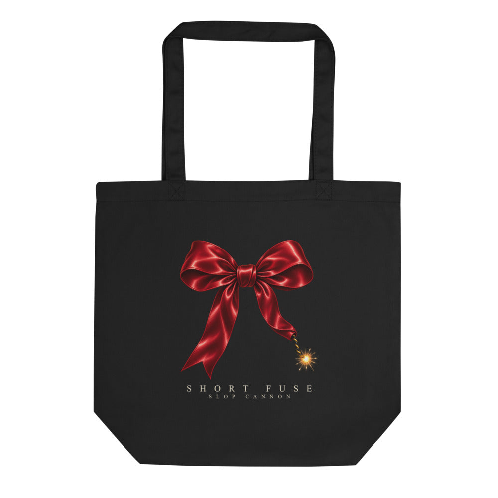 Short Fuse tote — Black — full front with approved bow, fuse and pale lettering; Econscious EC8000 organic cotton tote; supplier digital mockup.