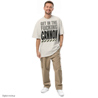 Tall Condensed tee — Cream — adult model front view with exact configured artwork; tee only, styling trousers and shoes excluded; AS Colour 5082; digital model composite, not a manufactured sample.