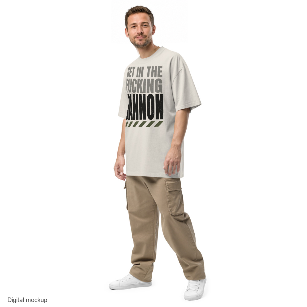Tall Condensed tee — Cream — adult model three-quarter view with exact configured artwork; tee only, styling trousers and shoes excluded; AS Colour 5082; digital model composite, not a manufactured sample.